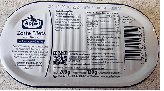 Appel Zarte Filets vom Hering in Dill-Kräuter-Creme, 200 Gramm: Foto 2 von 2 zur Rückruf vom 10.08.2023