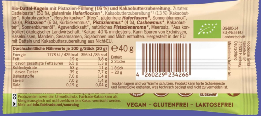 foodloose Bio-Dattel-Kugeln mit Pistazien-Füllung (16 %): Foto 2 von 2 zur Produktwarnung vom 10.04.2026