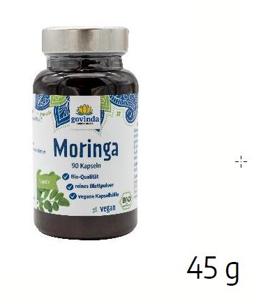Govinda Natur Bio-Moringa-Kapseln zu 45 Gramm mit 90 Kapseln und zu 100 Gramm: Foto zur Rückruf vom 26.03.2026