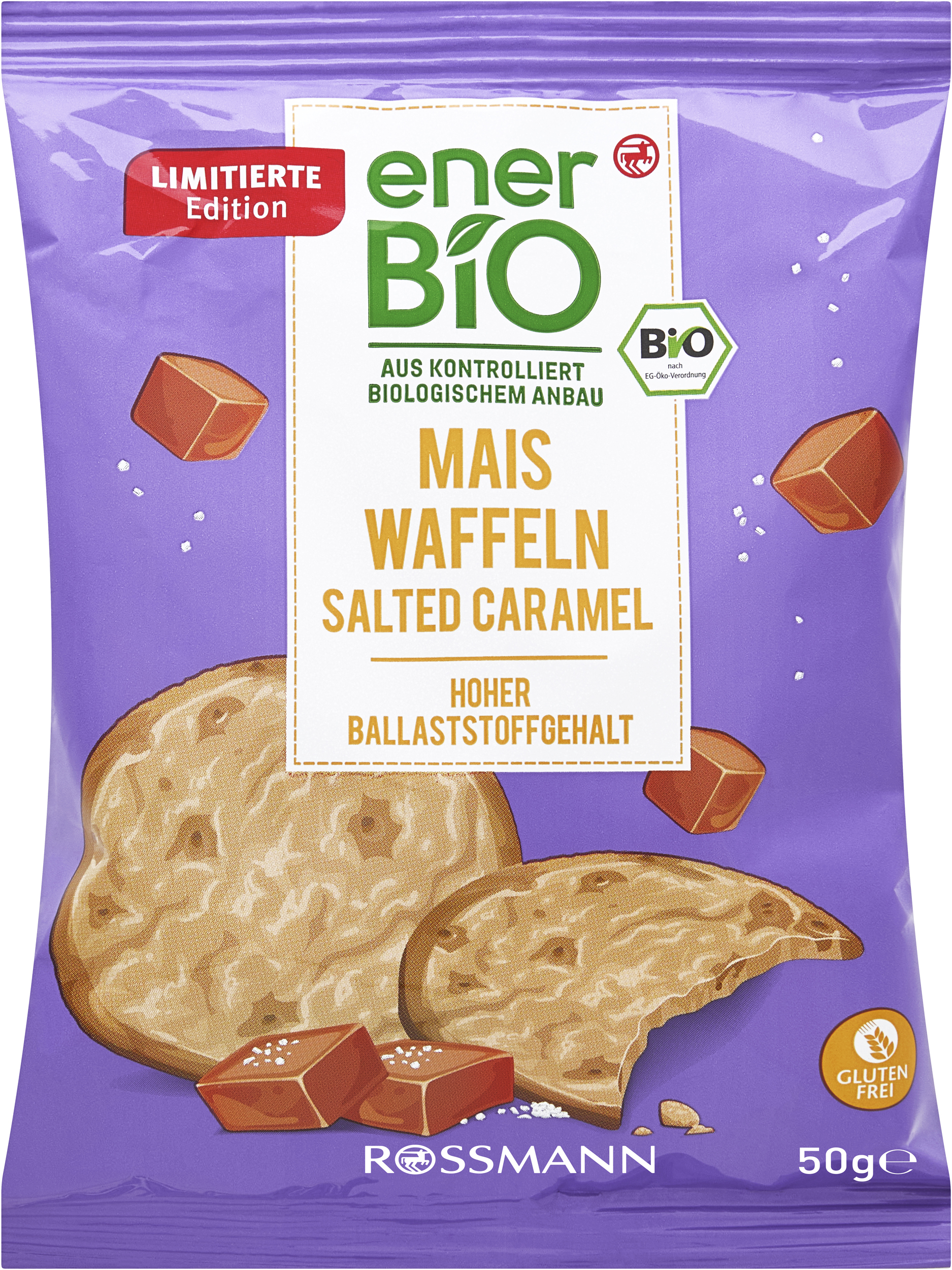 Dirk Rossmann enerBio Mais Waffeln Salted Caramel limitierte Edition, 50 Gramm: Foto zur Produktwarnung vom 19.05.2026