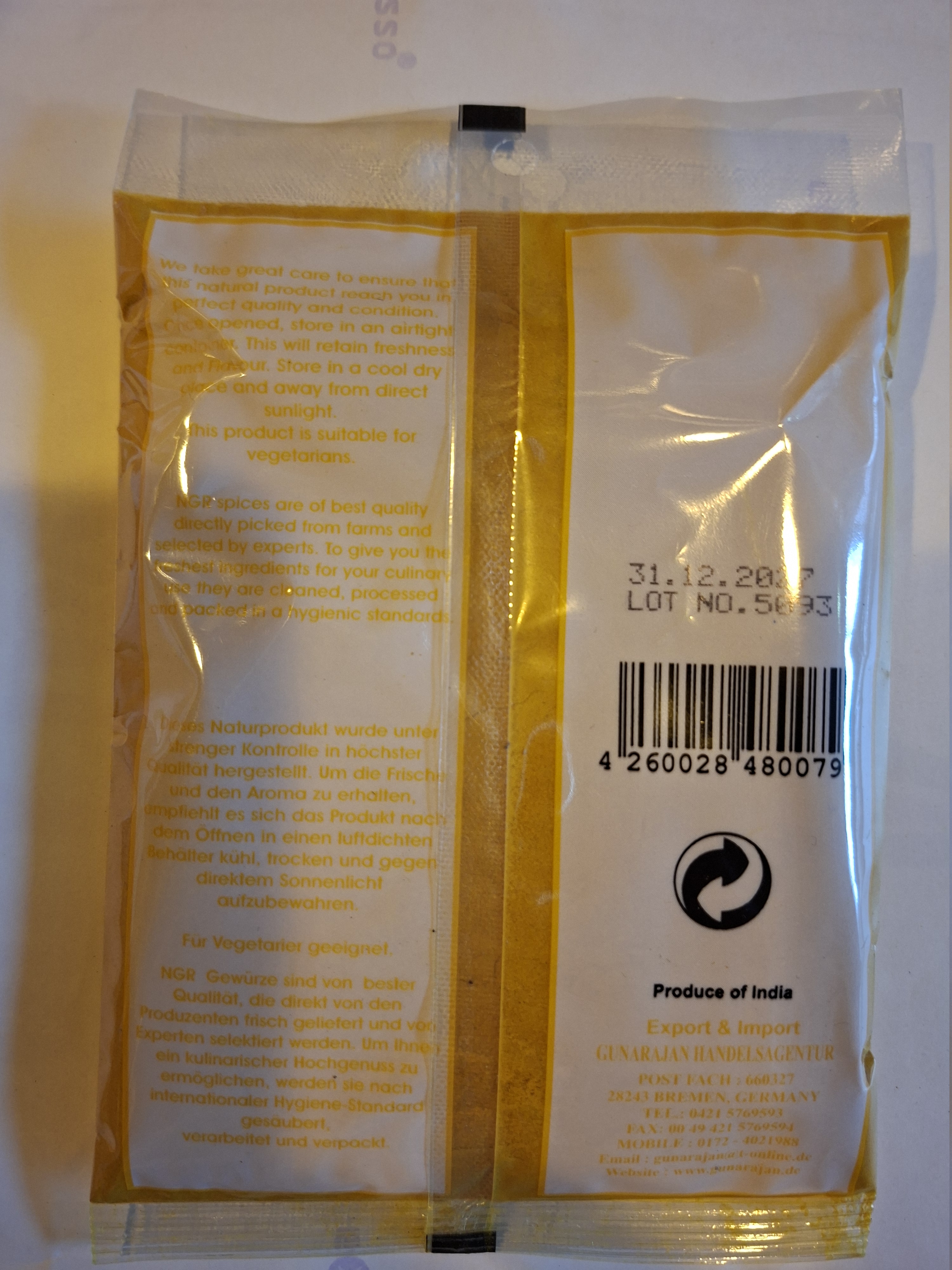 Gunarajan Handelsagentur NGR Turmeric, Haldi Powder, Kurkuma 100 Gramm: Foto 2 von 2 zur Produktwarnung vom 25.06.2026