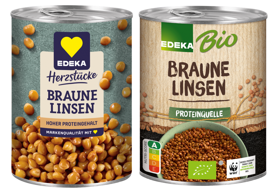 ITALIA MEAL food industry EDEKA Bio Braune Linsen in der Dose, 400 Gramm und EDEKA Herzstücke: Foto zur Produktwarnung vom 21.08.2025