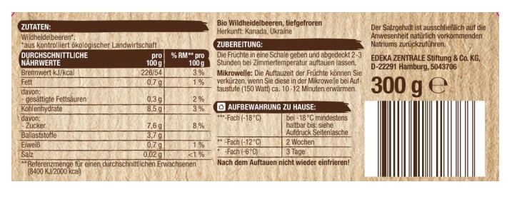 Jütro Tiefkühlkost EDEKA Bio Wildheidelbeeren tiefgefroren, 300 Gramm: Foto 2 von 2 zur Produktwarnung vom 28.08.2026