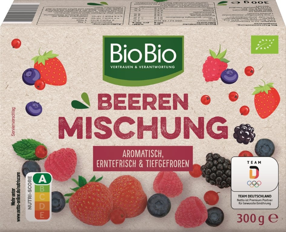 Jütro Tiefkühlkost Netto: Bio Beerenmischung „BioBio“, tiefgefroren, 300 Gramm: Foto zur Rückruf vom 25.07.2026