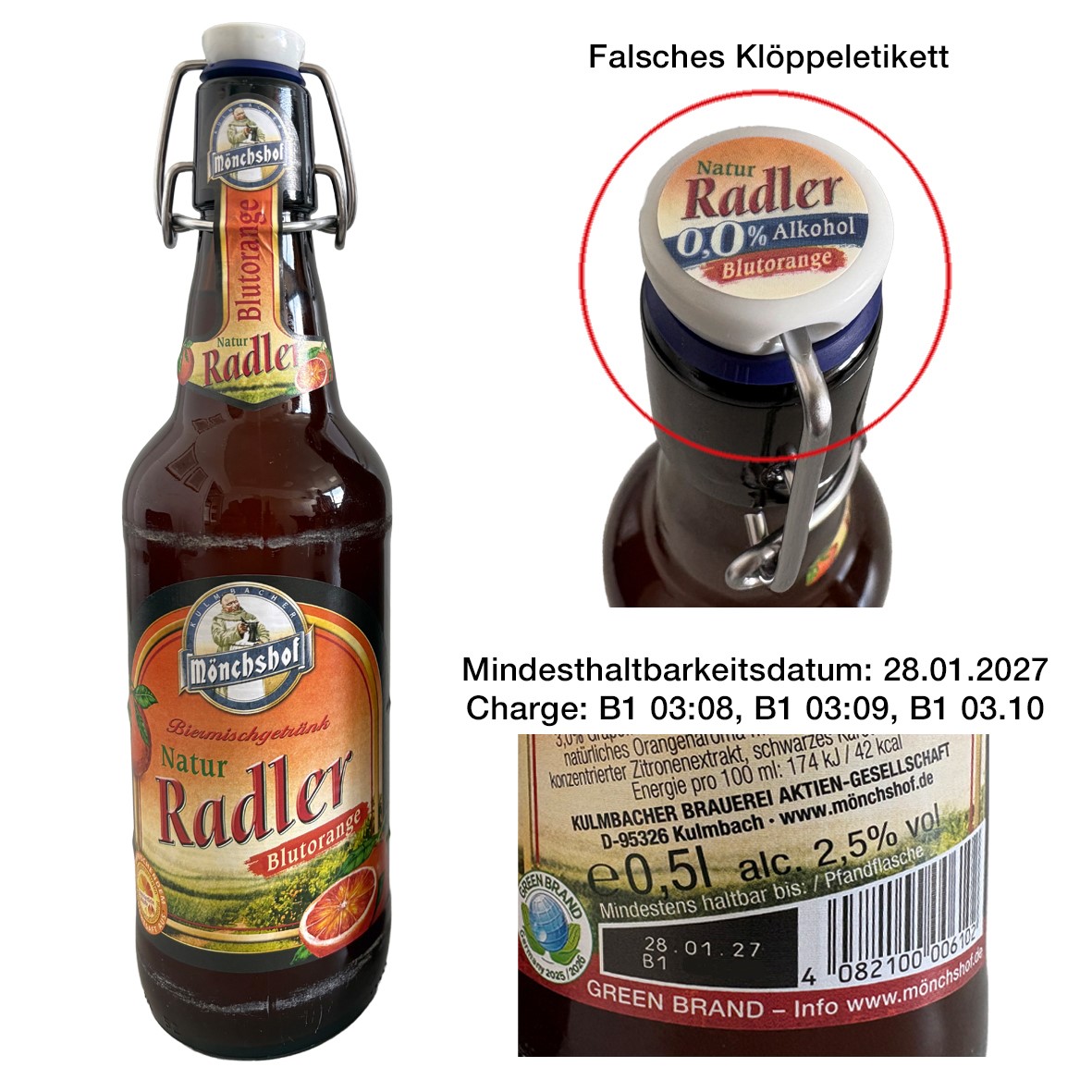 Kulmbacher Brauerei Aktien-Gesellschaft Mönchshof Natur Radler Blutorange, 0,5 Liter: Foto zur Rückruf vom 15.05.2026