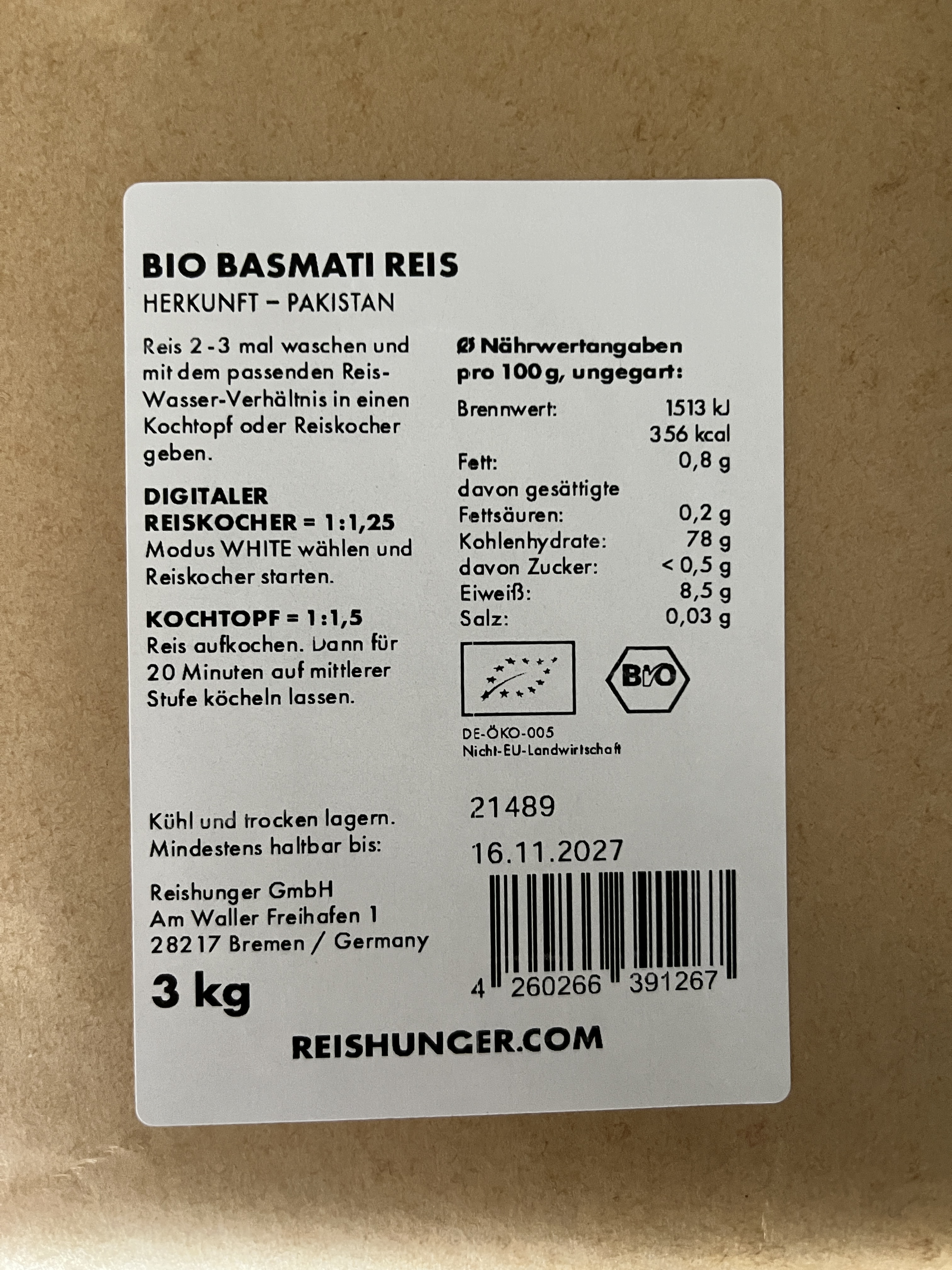 Reishunger Bio Basmati Reis, 3 Kilogramm: Foto zur Produktwarnung vom 27.03.2026