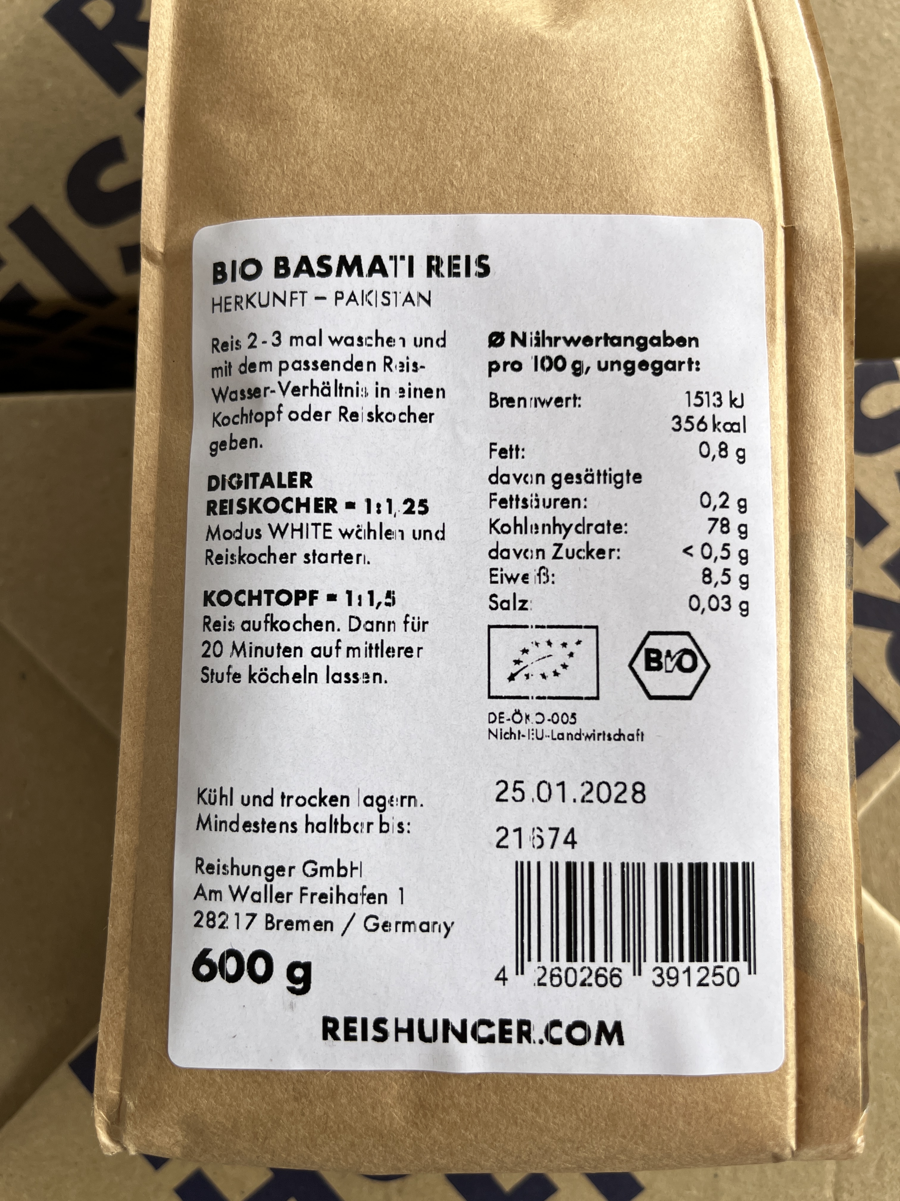 Reishunger Bio Basmati Reis, 3 Kilogramm: Foto 2 von 3 zur Produktwarnung vom 27.03.2026