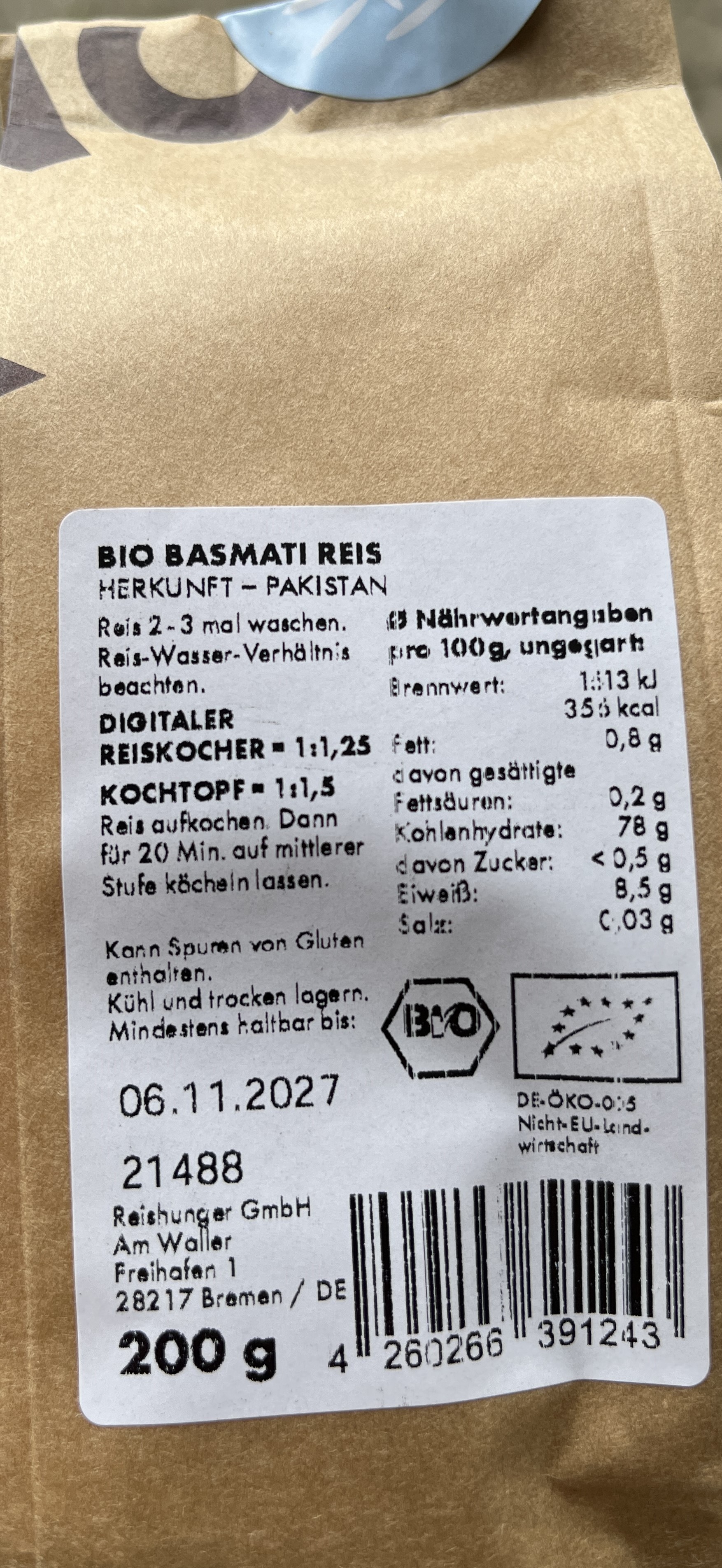 Reishunger Bio Basmati Reis, 3 Kilogramm: Foto 3 von 3 zur Produktwarnung vom 27.03.2026