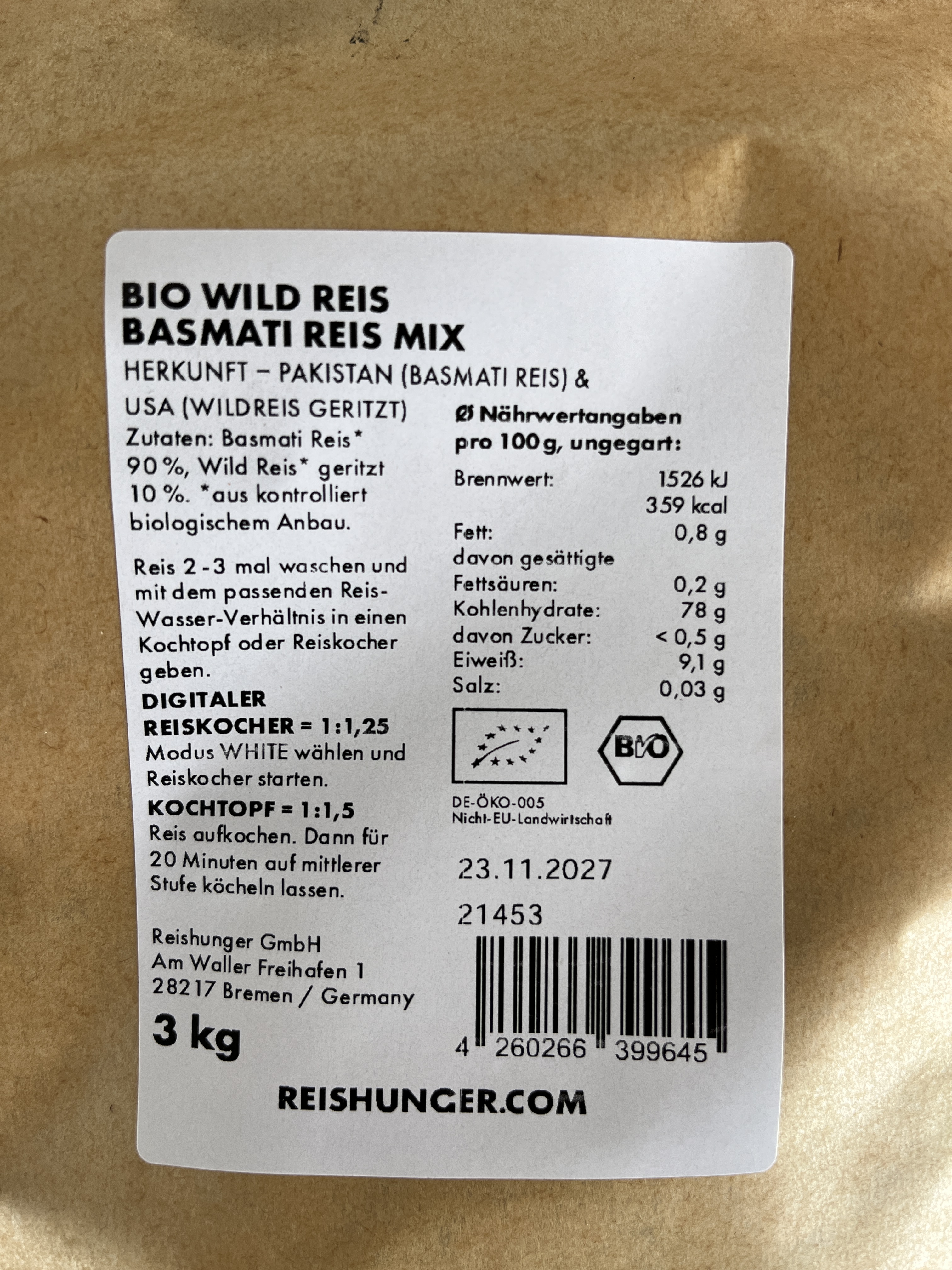 Reishunger Bio Wildreis Basmati Reis Mix, 600 Gramm: Foto 2 von 2 zur Produktwarnung vom 27.03.2026