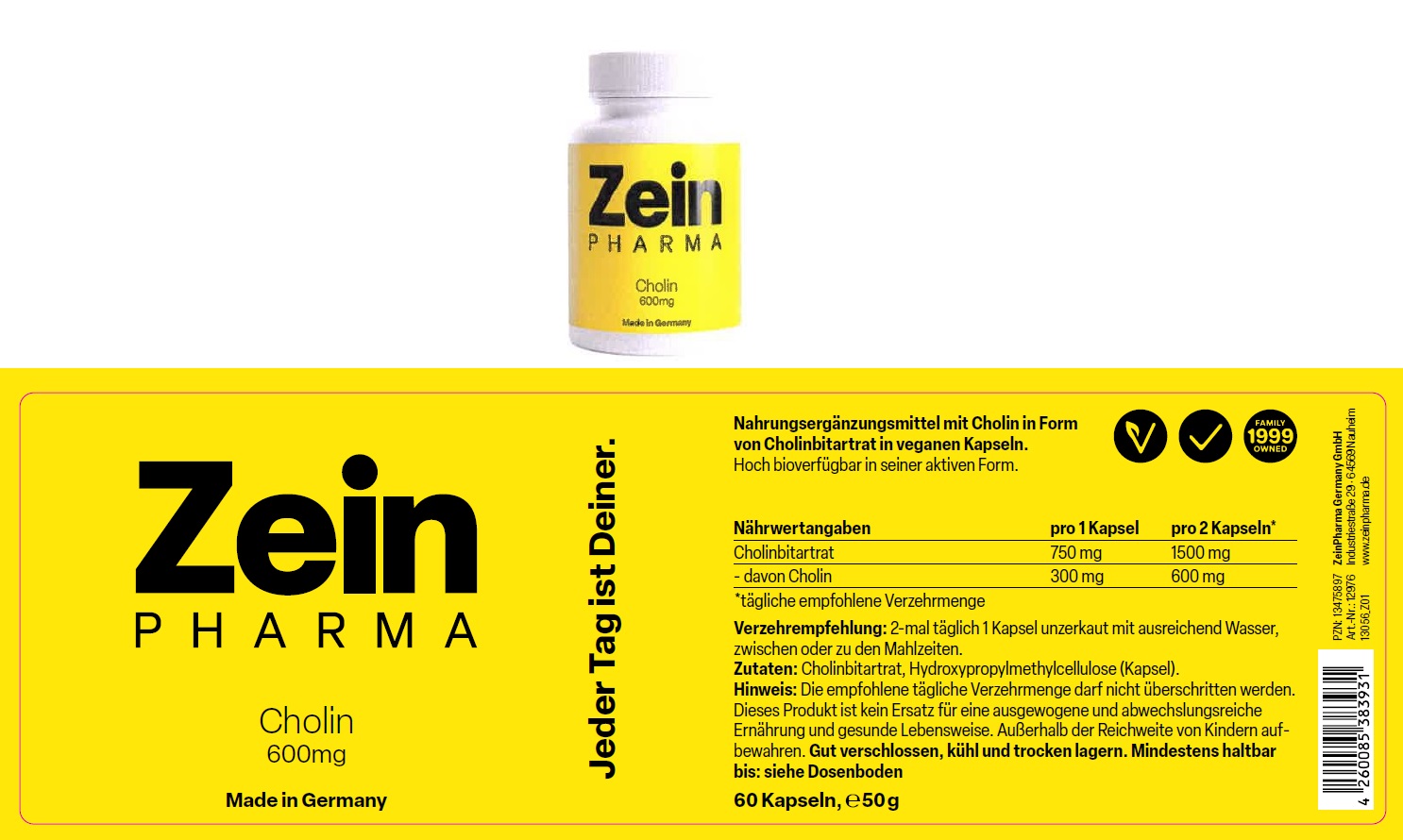 ZEINPharma Germany Cholin 600 mg, ZeinPharma, 50 Gramm/60 Kapseln: Foto zur Produktwarnung vom 22.08.2025